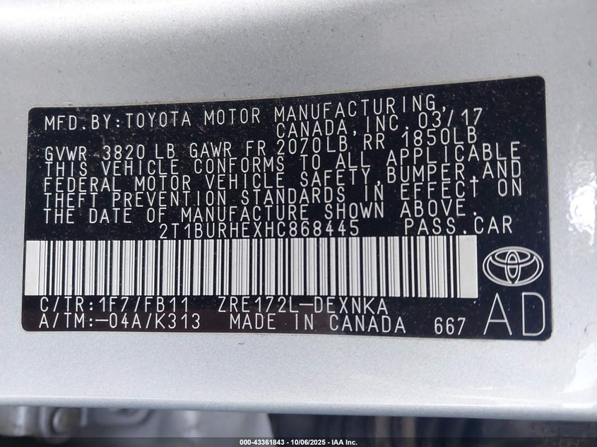 2017 TOYOTA COROLLA LE 2T1BURHEXHC868445