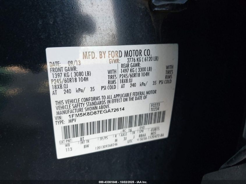 2014 Ford Explorer Xlt VIN: 1FM5K8D87EGA72614 Lot: 43361846