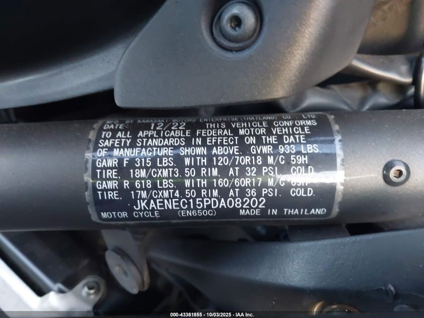 2023 Kawasaki En650 C VIN: JKAENEC15PDA08202 Lot: 43361855