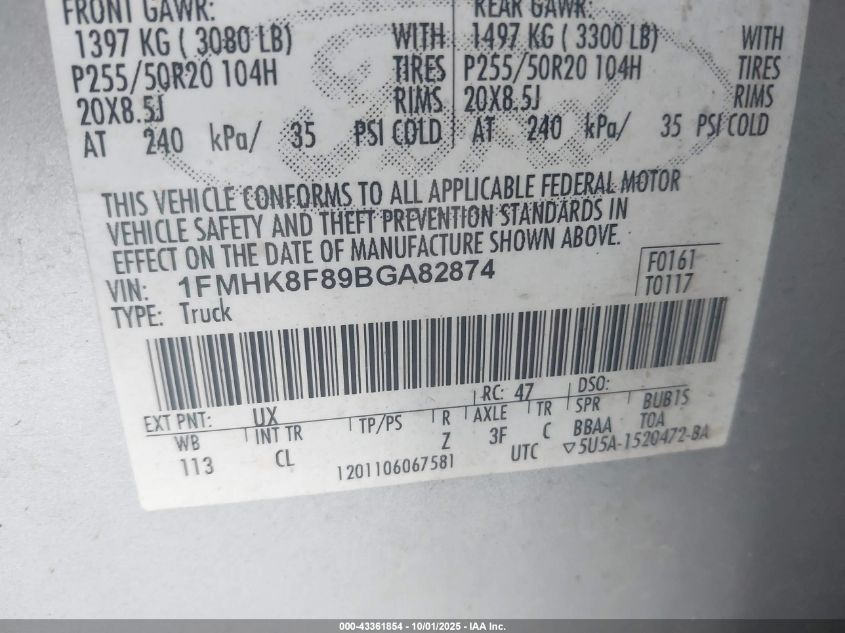 2011 Ford Explorer Limited VIN: 1FMHK8F89BGA82874 Lot: 43361854