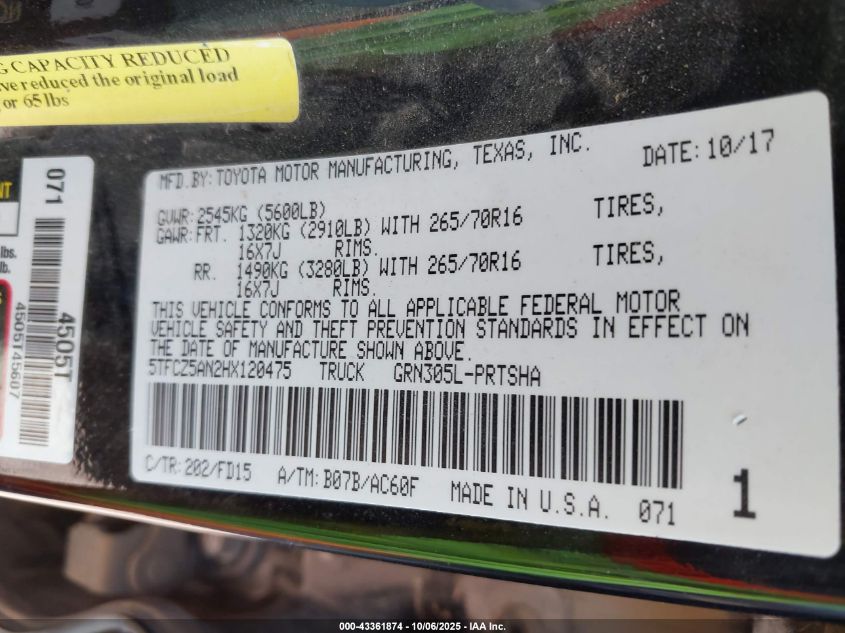 2017 Toyota Tacoma Trd Off Road VIN: 5TFCZ5AN2HX120475 Lot: 43361874