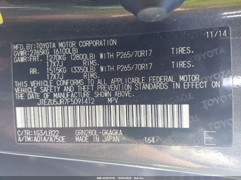 2015 Toyota 4Runner Sr5 Premium VIN: JTEZU5JR7F5091412 Lot: 43361916