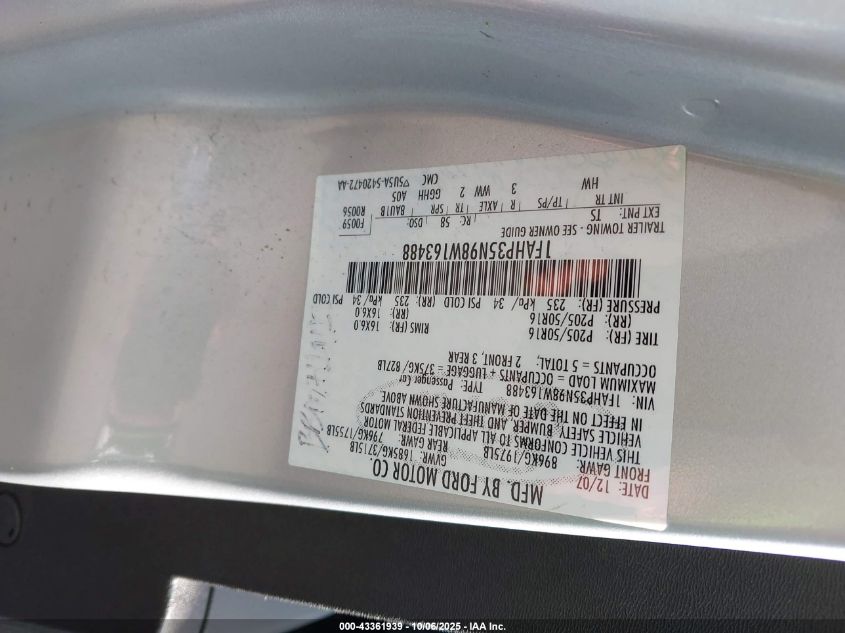 2008 Ford Focus Se/Ses VIN: 1FAHP35N98W163488 Lot: 43361939