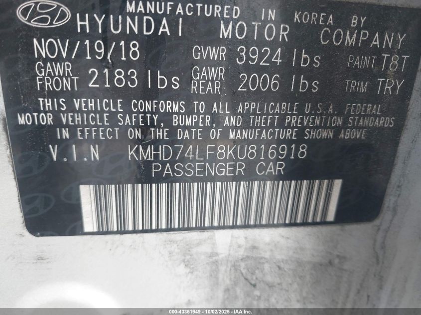 2019 Hyundai Elantra Se VIN: KMHD74LF8KU816918 Lot: 43361949