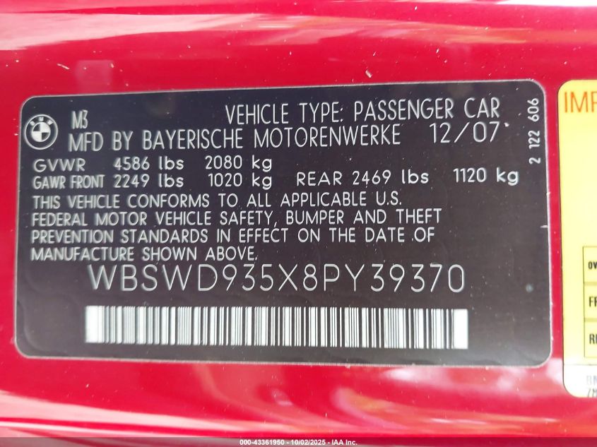 2008 BMW M3 VIN: WBSWD935X8PY39370 Lot: 43361950