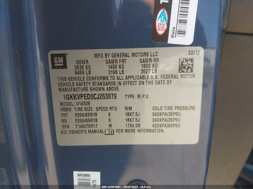 2012 GMC Acadia Sle VIN: 1GKKVPED0CJ263879 Lot: 43361951