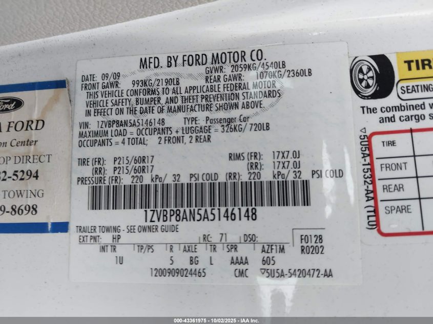 2010 Ford Mustang V6/V6 Premium VIN: 1ZVBP8AN5A5146148 Lot: 43361975