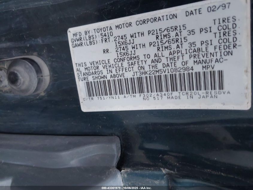 1997 Toyota Previa Dx S/C VIN: JT3HK22M5V1082984 Lot: 43361979