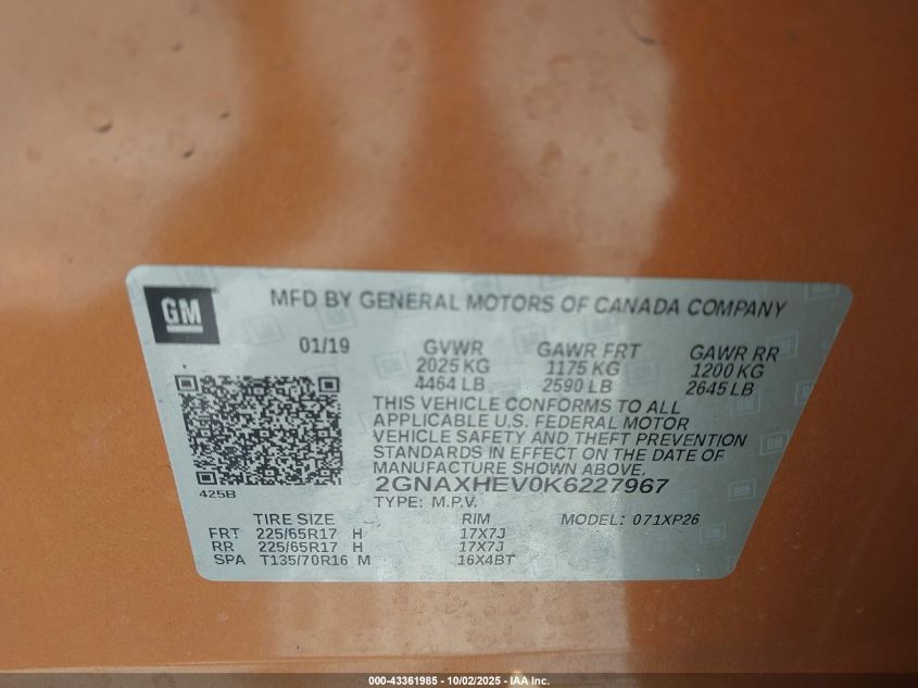 2019 Chevrolet Equinox Ls VIN: 2GNAXHEV0K6227967 Lot: 43361985