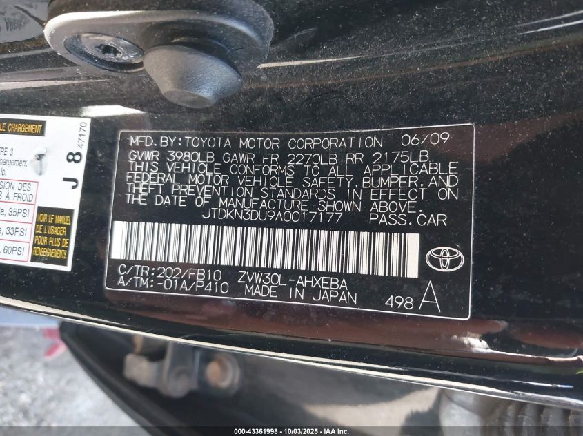 2010 Toyota Prius Ii VIN: JTDKN3DU9A0017177 Lot: 43361998