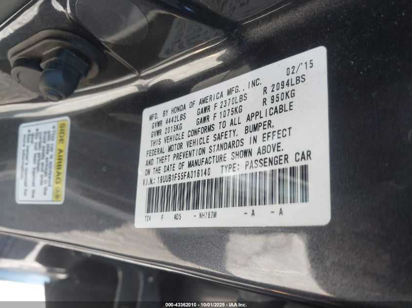 2015 Acura Tlx Tech VIN: 19UUB1F55FA016140 Lot: 43362010