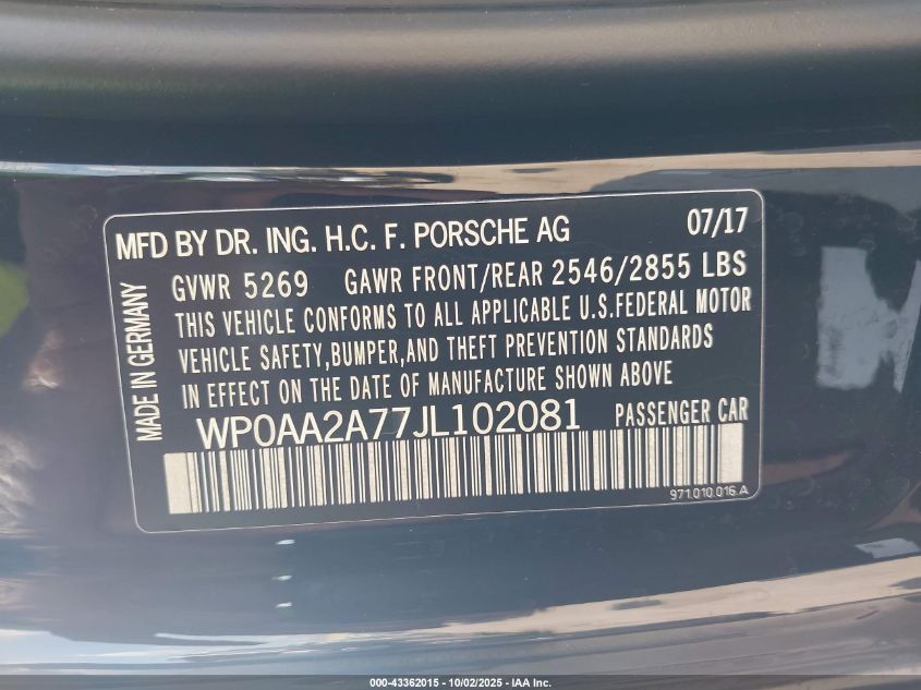 2018 Porsche Panamera VIN: WP0AA2A77JL102081 Lot: 43362015