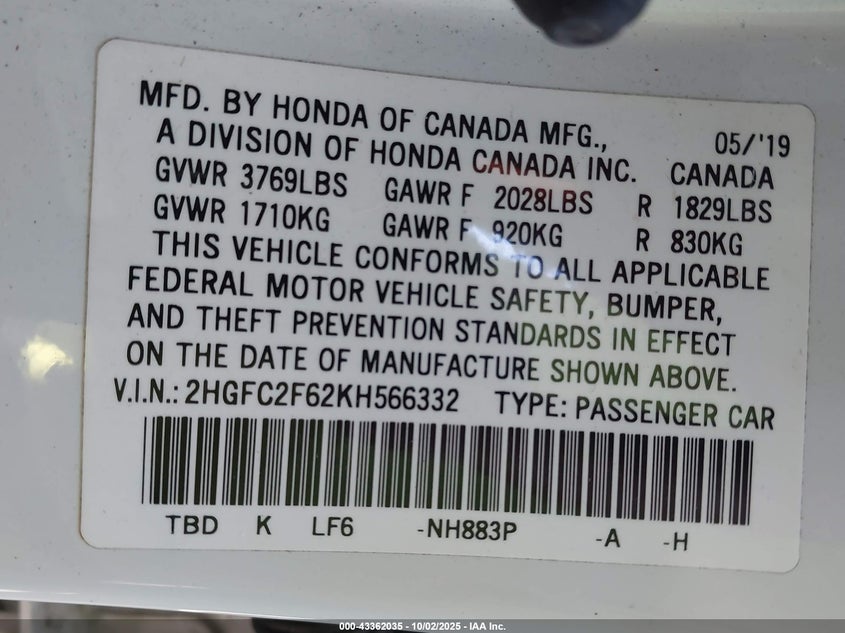 2019 HONDA CIVIC LX 2HGFC2F62KH566332