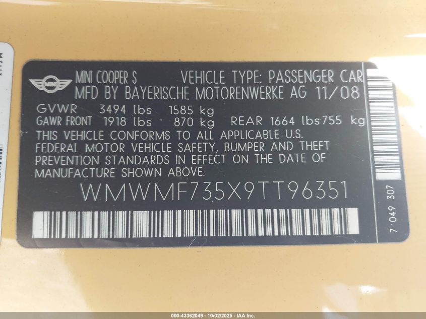 2009 Mini Cooper S VIN: WMWMF735X9TT96351 Lot: 43362049