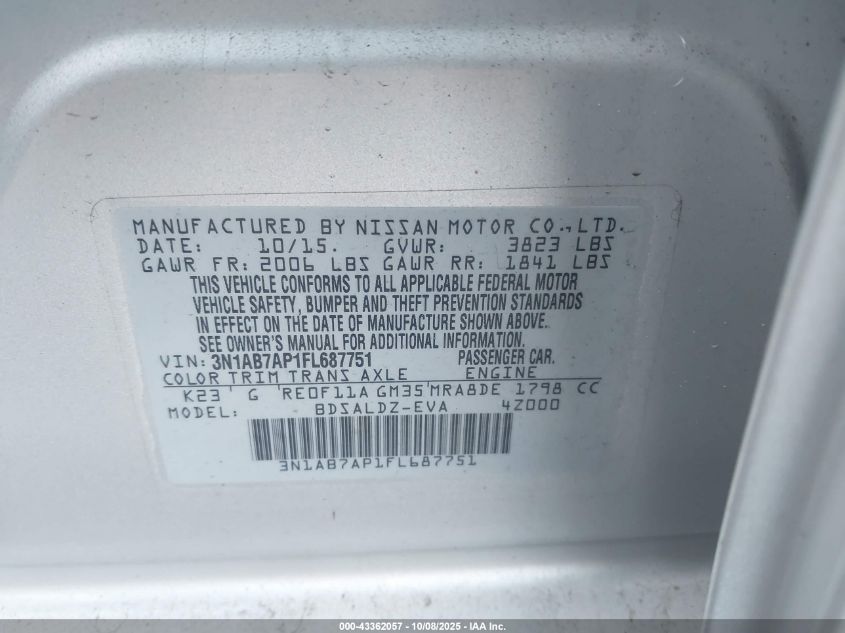 2015 Nissan Sentra Sv VIN: 3N1AB7AP1FL687751 Lot: 43362057