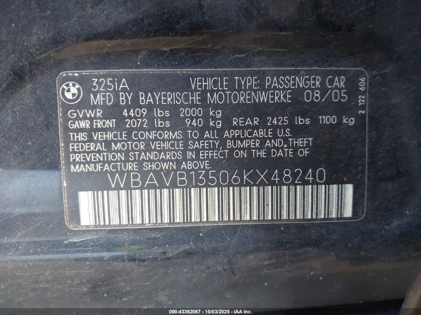 2006 BMW 325I VIN: WBAVB13506KX48240 Lot: 43362067