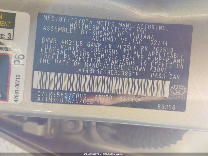 2014 Toyota Camry Le VIN: 4T4BF1FK9ER388918 Lot: 43362077