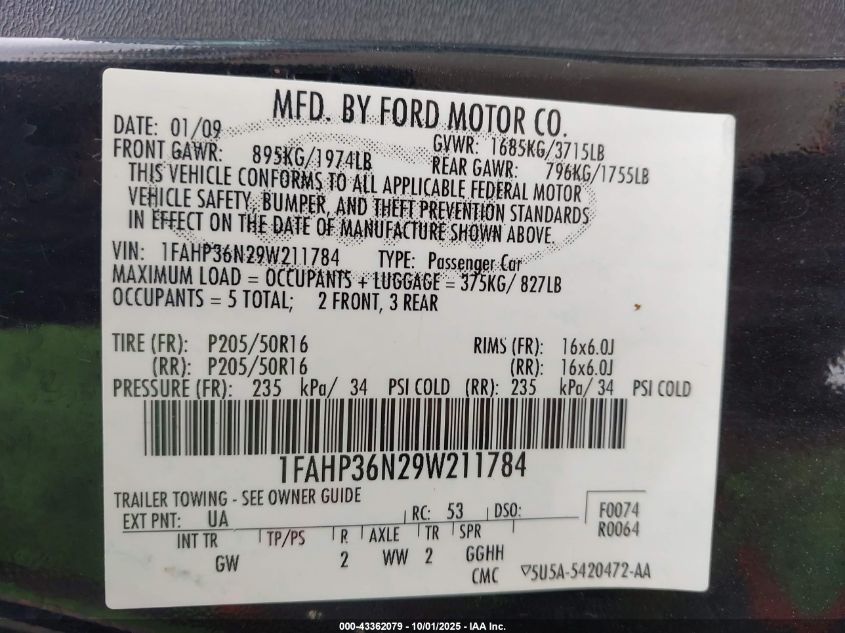 2009 Ford Focus Ses VIN: 1FAHP36N29W211784 Lot: 43362079