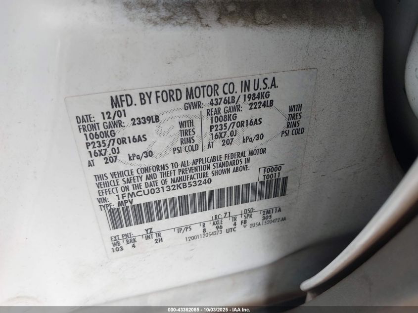 2002 Ford Escape Xlt VIN: 1FMCU03132KB53240 Lot: 43362085