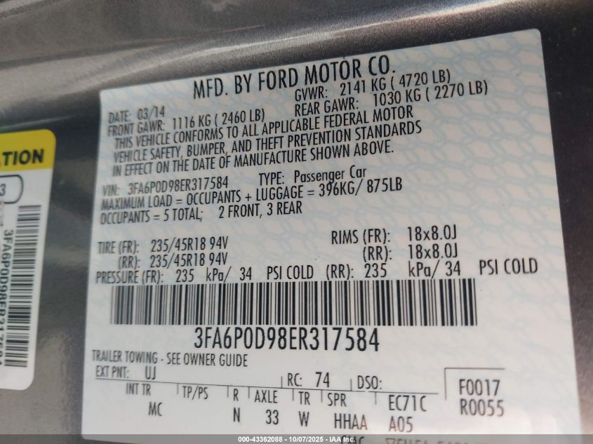 2014 Ford Fusion Titanium VIN: 3FA6P0D98ER317584 Lot: 43362088