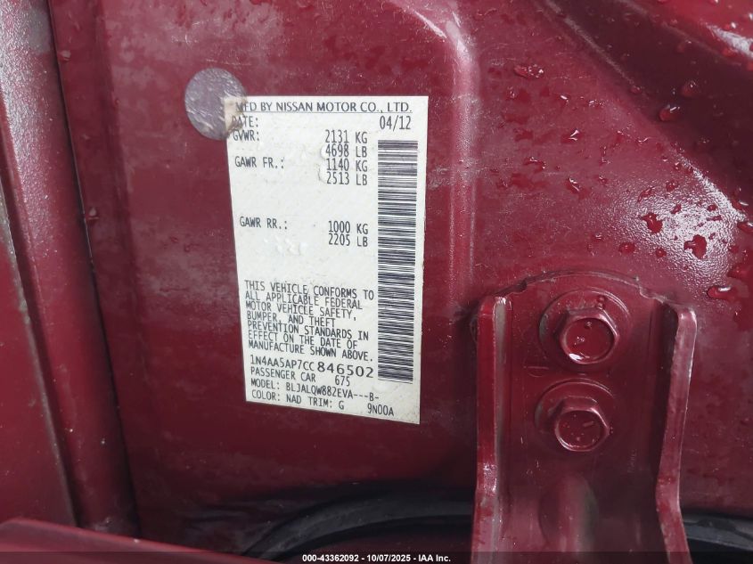 2012 Nissan Maxima 3.5 S VIN: 1N4AA5AP7CC846502 Lot: 43362092