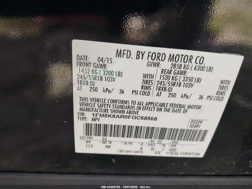 2015 Ford Police Interceptor VIN: 1FM5K8AR0FGC68568 Lot: 43362105