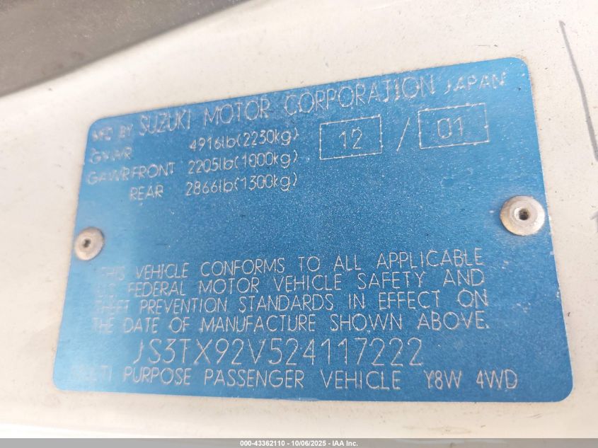 2002 Suzuki Xl-7 Limited/Plus/Standard/Touring VIN: JS3TX92V524117222 Lot: 43362110