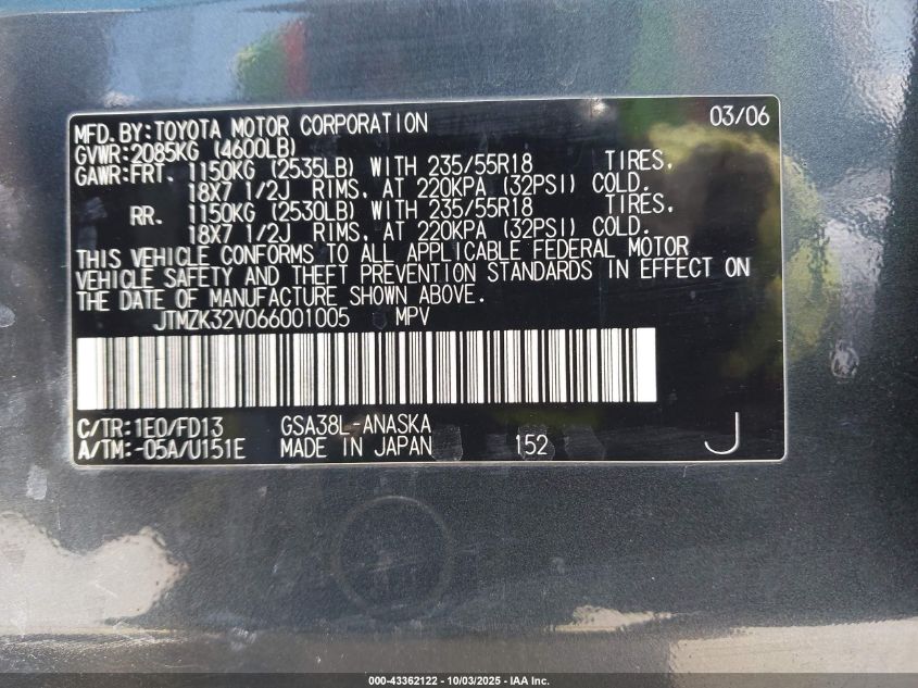 2006 Toyota Rav4 Sport V6 VIN: JTMZK32V066001005 Lot: 43362122