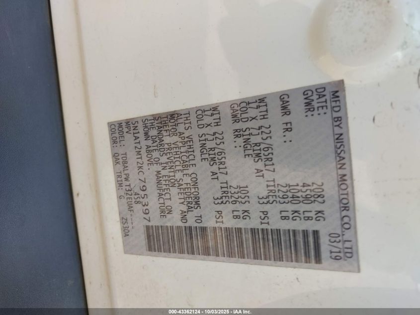 2019 Nissan Rogue S VIN: 5N1AT2MT2KC795397 Lot: 43362124