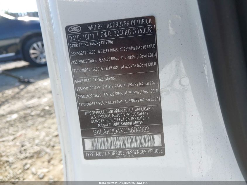 2012 Land Rover Lr4 VIN: SALAK2D4XCA604332 Lot: 43362131