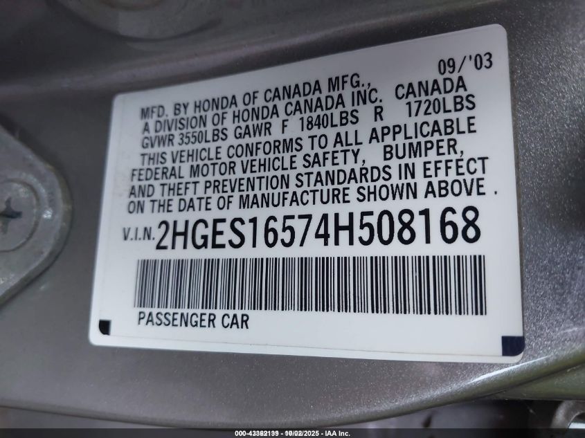 2004 Honda Civic Lx VIN: 2HGES16574H508168 Lot: 43362139