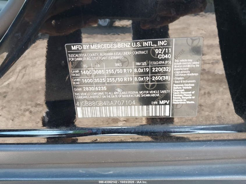 2011 Mercedes-Benz Ml 350 4Matic VIN: 4JGBB8GB4BA707104 Lot: 43362142