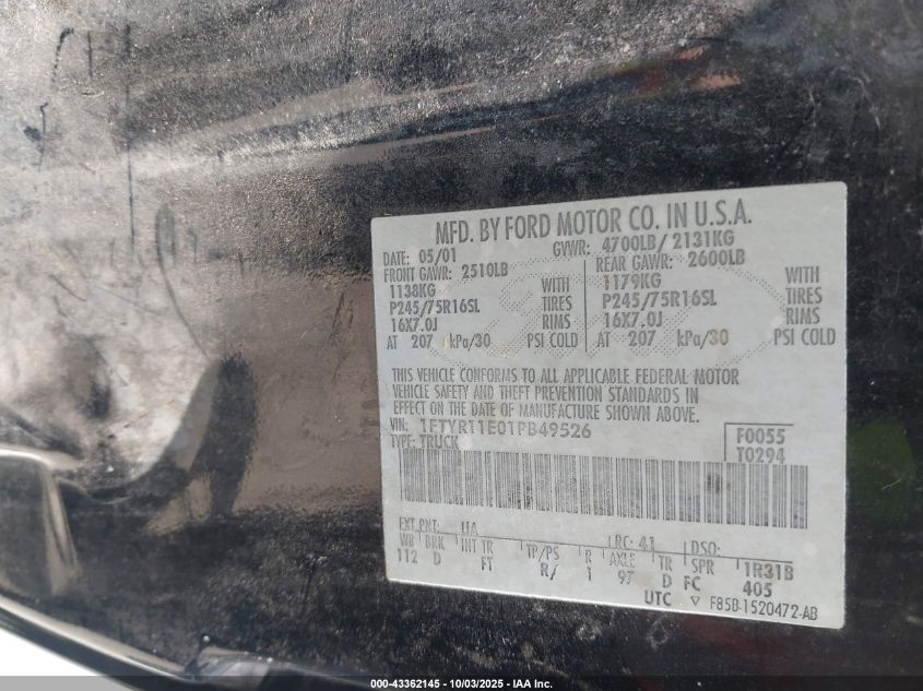 2001 Ford Ranger Edge VIN: 1FTYR11E01PB49526 Lot: 43362145