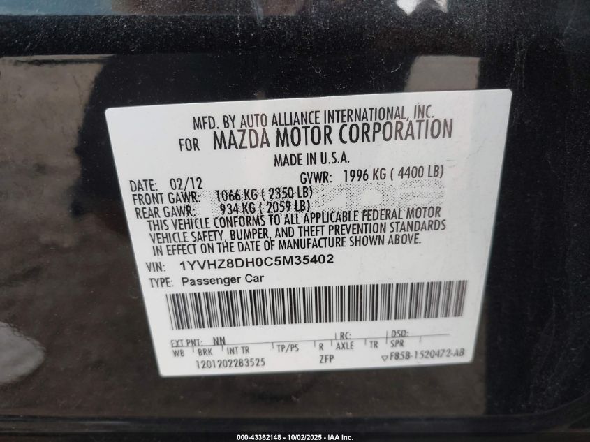 2012 Mazda Mazda6 I Touring VIN: 1YVHZ8DH0C5M35402 Lot: 43362148