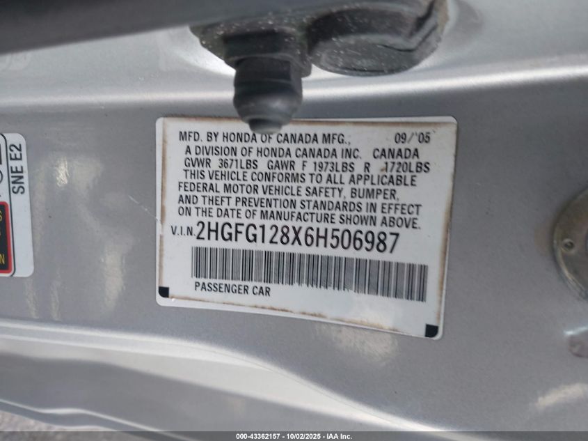 2006 Honda Civic Ex VIN: 2HGFG128X6H506987 Lot: 43362157