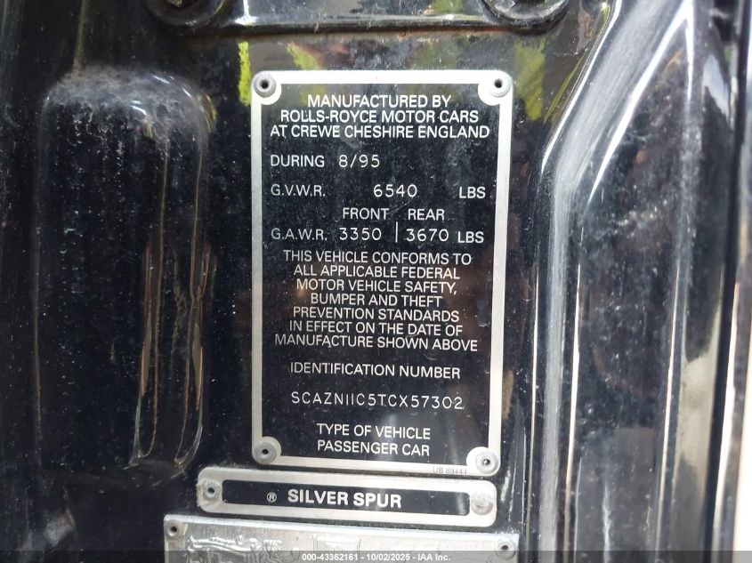 1996 Rolls-Royce Silver Spur VIN: SCAZN11C5TCX57302 Lot: 43362161