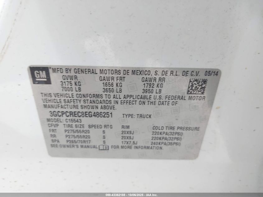 2014 Chevrolet Silverado 1500 1Lt VIN: 3GCPCREC8EG486251 Lot: 43362188