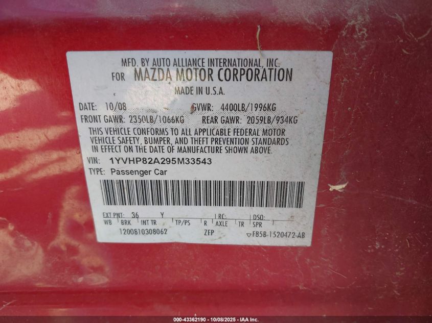 2009 Mazda Mazda6 I Grand Touring VIN: 1YVHP82A295M33543 Lot: 43362190