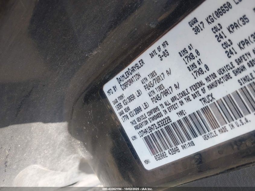 2003 Dodge Ram 1500 Slt/Laramie/St VIN: 1D7HA18N73J632228 Lot: 43362194