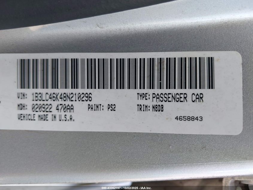 2008 Dodge Avenger Se VIN: 1B3LC46K48N210296 Lot: 43362197
