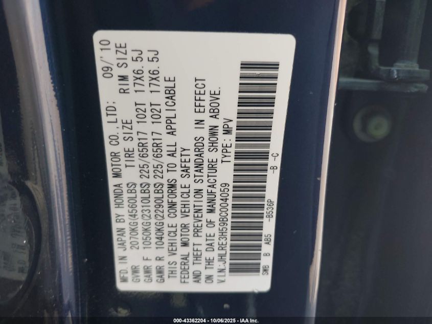 2011 Honda Cr-V Ex VIN: JHLRE3H59BC004059 Lot: 43362204