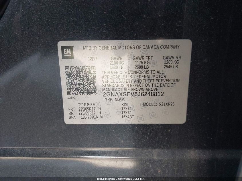 2018 Chevrolet Equinox Lt VIN: 2GNAXSEV5J6248812 Lot: 43362207