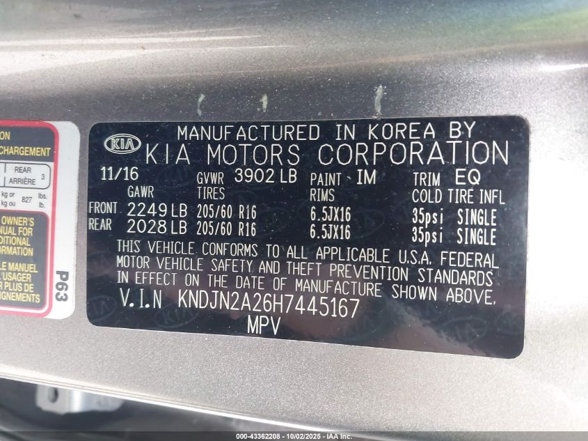 2017 Kia Soul VIN: KNDJN2A26H7445167 Lot: 43362208