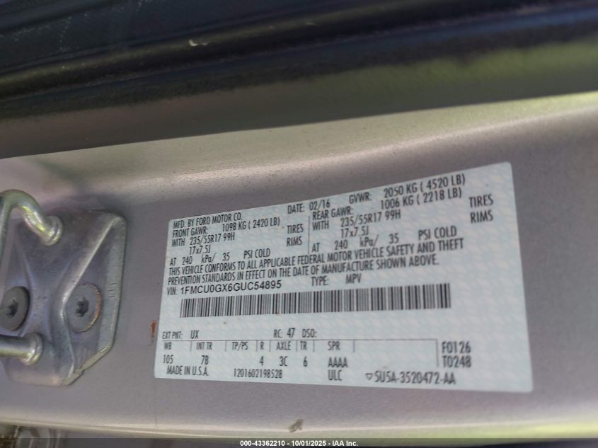 2016 Ford Escape Se VIN: 1FMCU0GX6GUC54895 Lot: 43362210