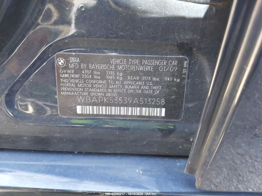 2009 BMW 328I xDrive VIN: WBAPK53539A513258 Lot: 43362217