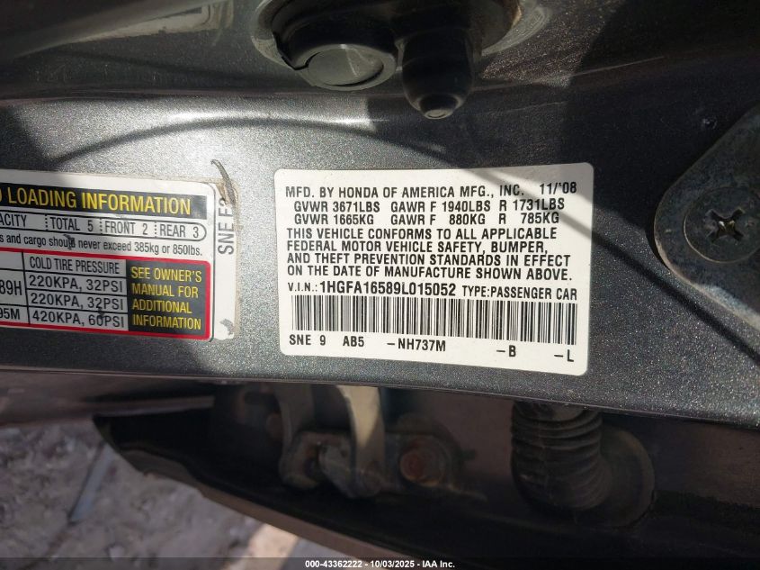 2009 Honda Civic Lx VIN: 1HGFA16589L015052 Lot: 43362222