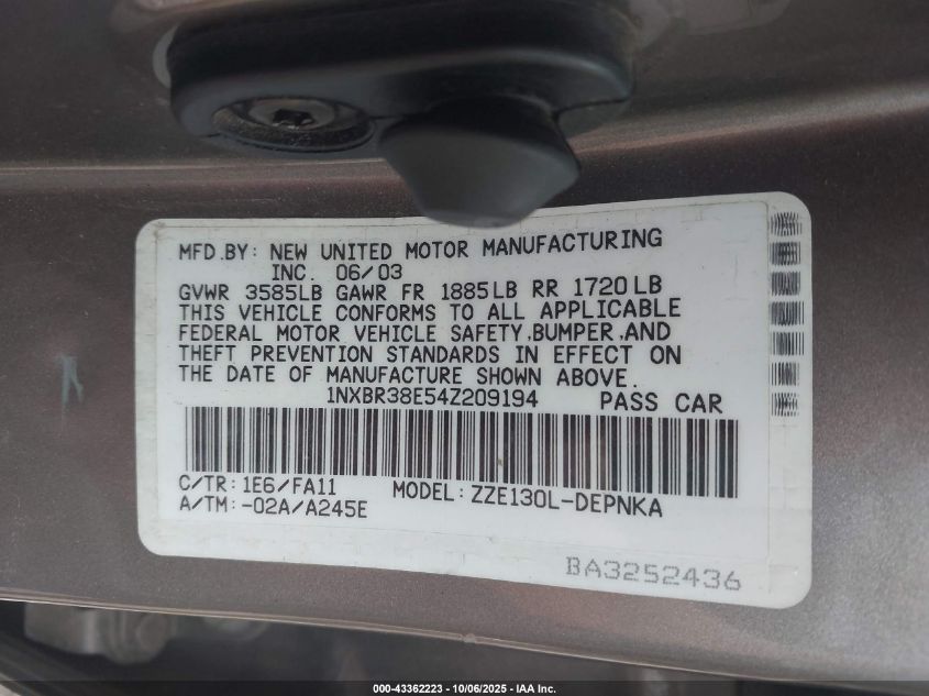 2004 Toyota Corolla Le VIN: 1NXBR38E54Z209194 Lot: 43362223