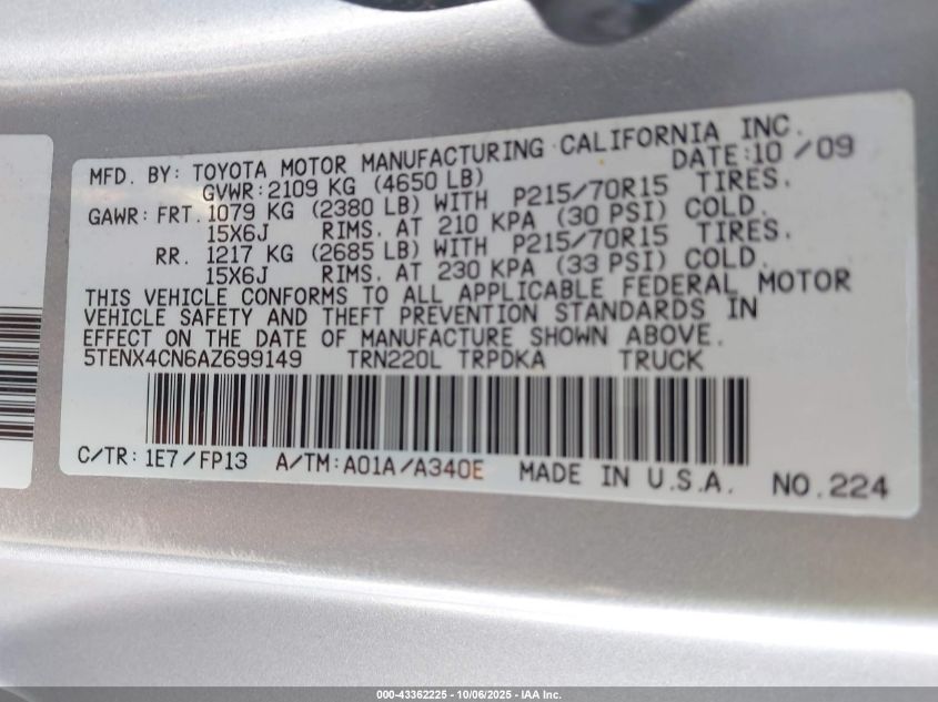 2010 Toyota Tacoma VIN: 5TENX4CN6AZ699149 Lot: 43362225