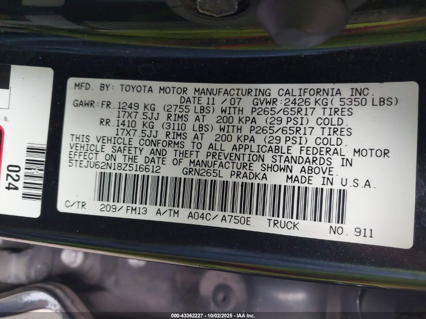 2008 Toyota Tacoma Prerunner V6 VIN: 5TEJU62N18Z516612 Lot: 43362227