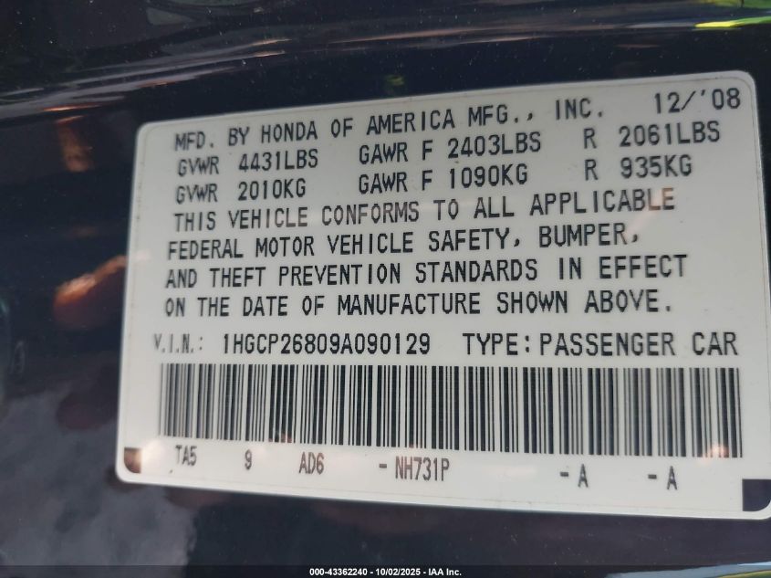 2009 Honda Accord 2.4 Ex-L VIN: 1HGCP26809A090129 Lot: 43362240
